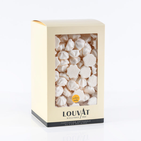 Meringues striées saveur vanille dans boite / chez biscuiterie Louvat