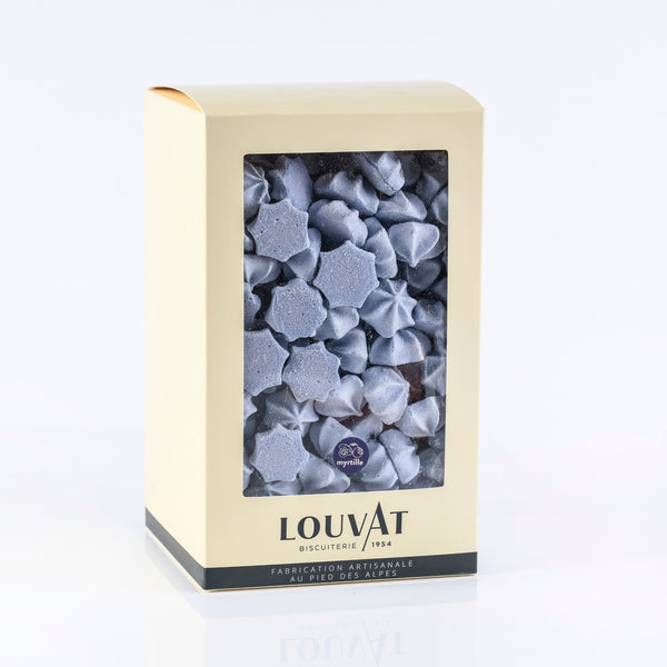 Meringues striées saveur myrtille dans boite