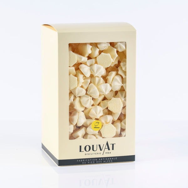 Meringues striées saveur citron dans boite format famille / chez biscuiterie Louvat
